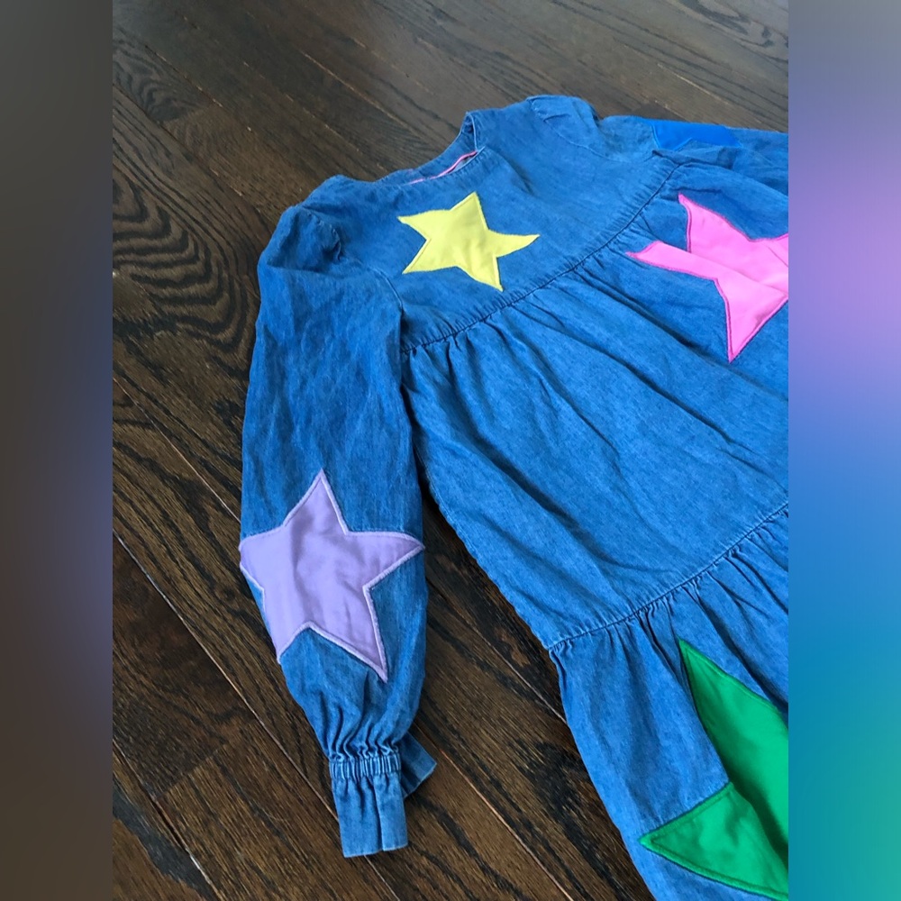 Mini Boden Girls 7-8 Denim Long-Sleeved A-Line Knee-Length Star Applique Dress - Picture 3 of 13